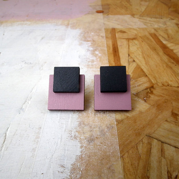 Double Square Wooden Stud Earrings