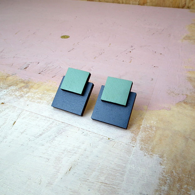 Double Square Wooden Stud Earrings