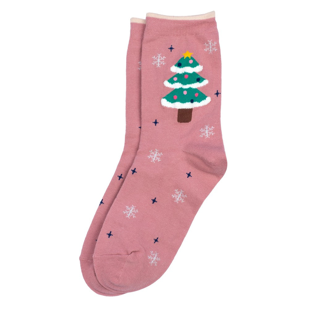 Snowflake Tree Socks Pink